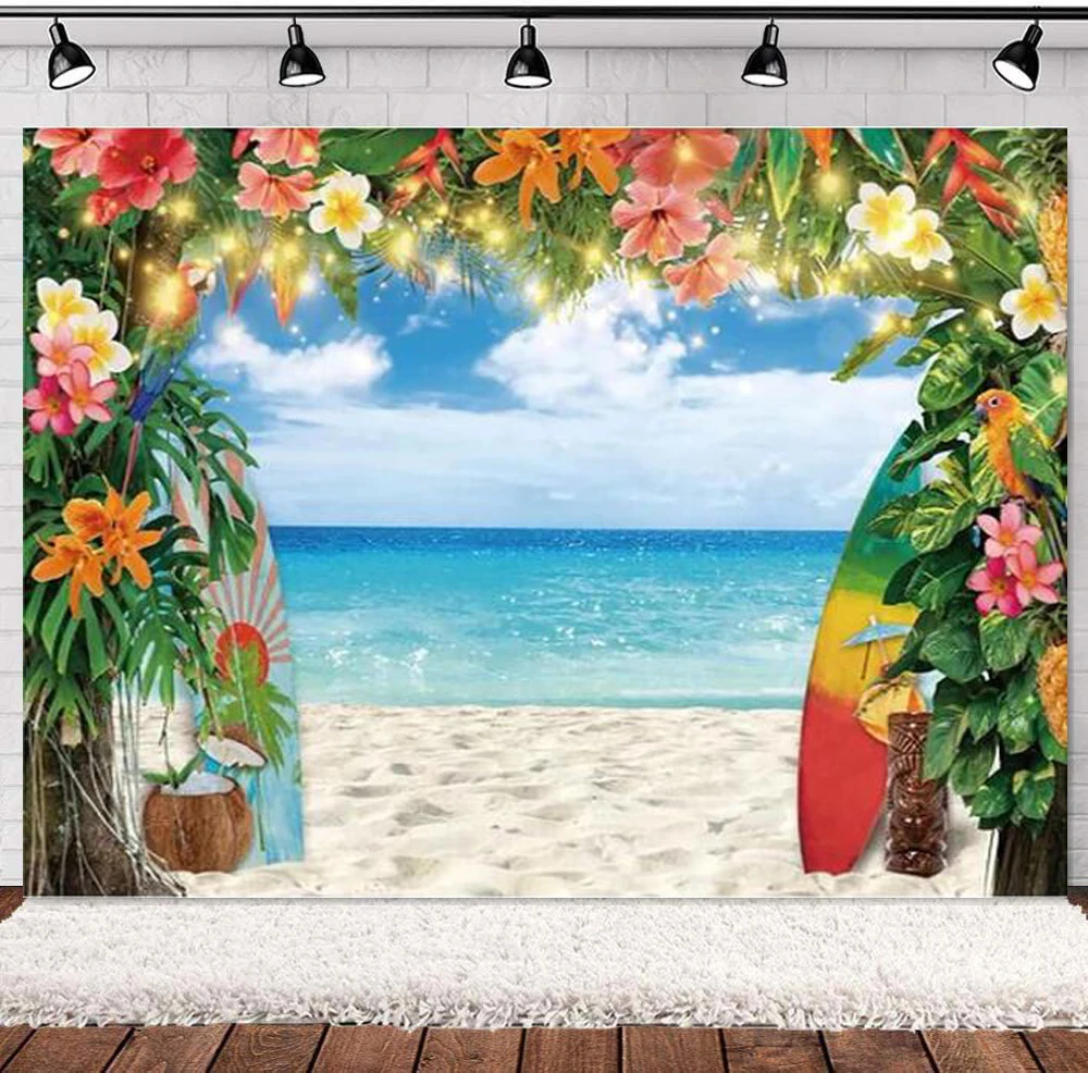 

Summer Hawaiian Beach Photography Backdrop Sky Ocean Tropical Flower Leaves Surfboard Background Aloha Party Supplies Luau Decor