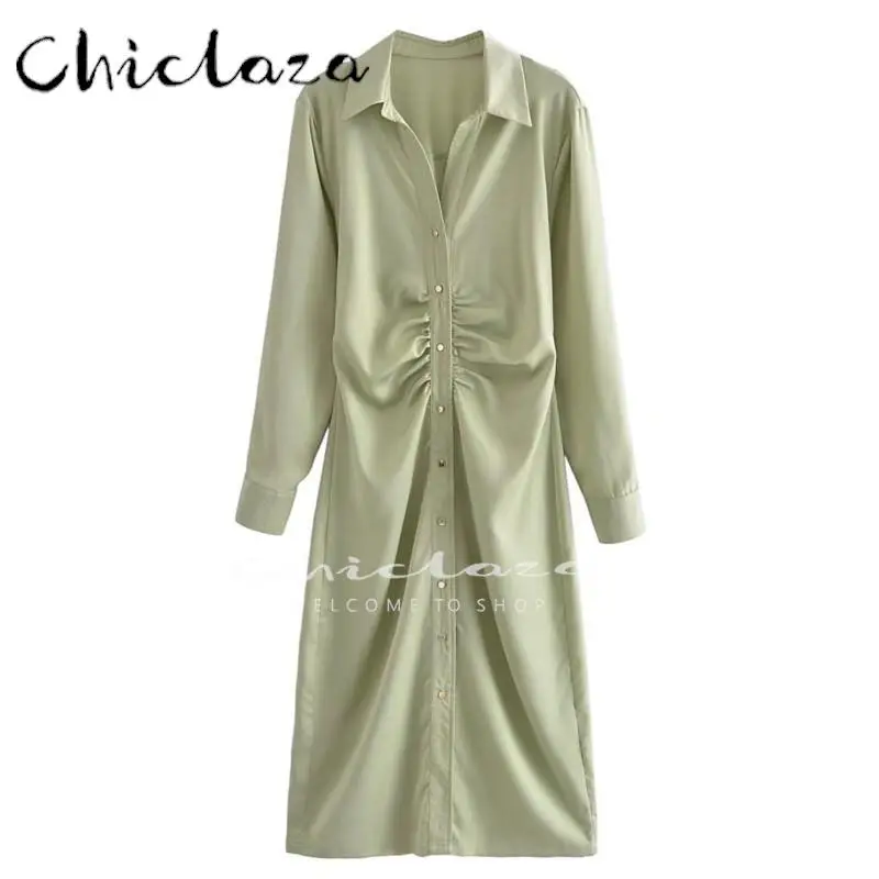 

CHICLAZA Women 2022 Spring Summer Chic Button Shirt Dress Casual Elegant Office Lady Midi Dresses Female Vestidos