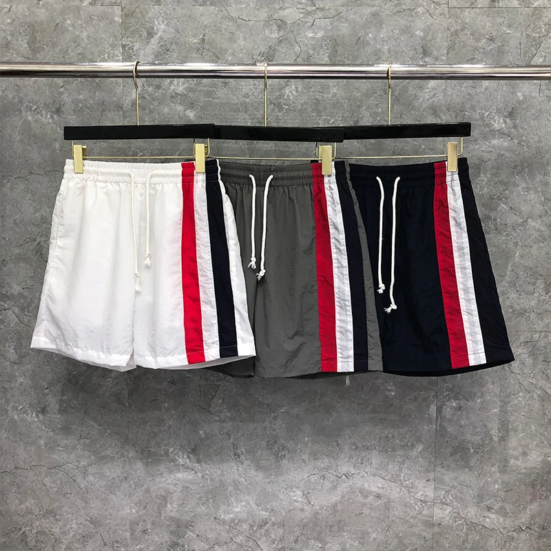 

TB THOM Summer Male Fashion Brand Men's Shorts Sheer Ripstop Mid Thigh Vertical RWB Stripe Thin Beach Shortpants