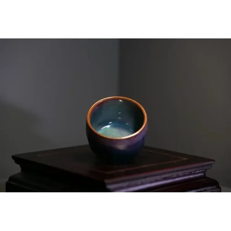 Фото 【CHIMU HOME】 Чашка для чая из фарфора ручной работы Jun Porcelain Arhat для азиатских дзен-наборов, с сине-золотой глазурью, термостойкая, 150 мл, для использования в кафе и №5