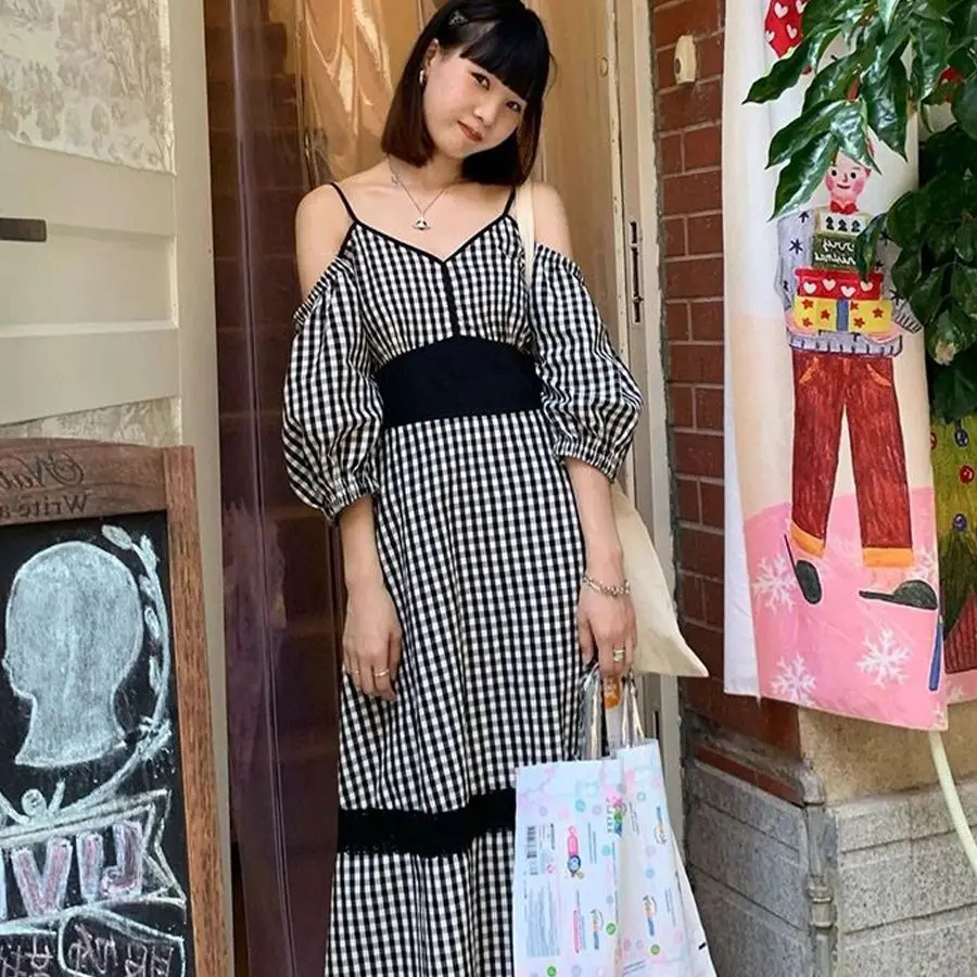 

French Temperament Black Plaid Suspender Dress Women's Summer Niche Design Loose Off-Shoulder Draw-Waist Long Skirt