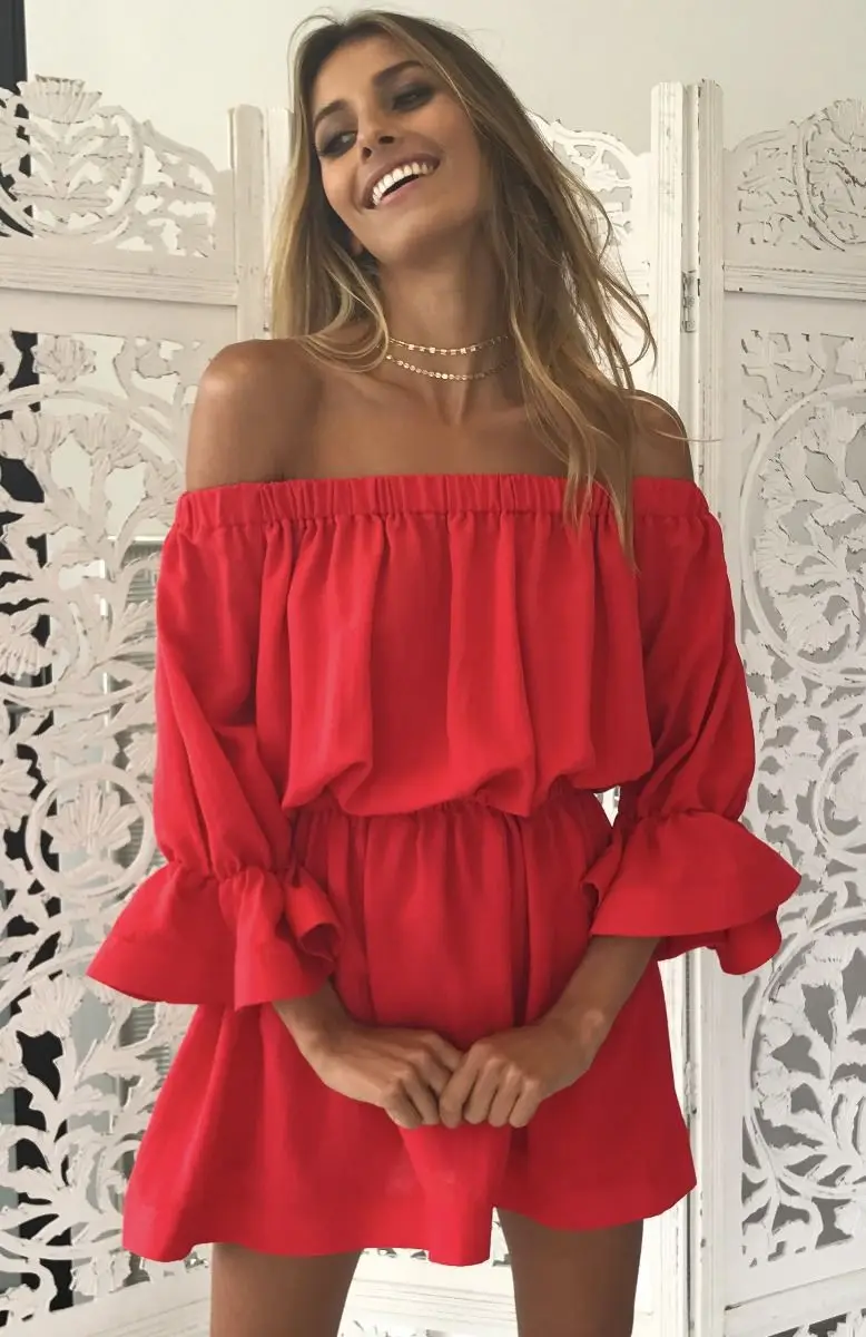 Sexy one word off-shoulder long sleeve solid color casual loose ruffle dress