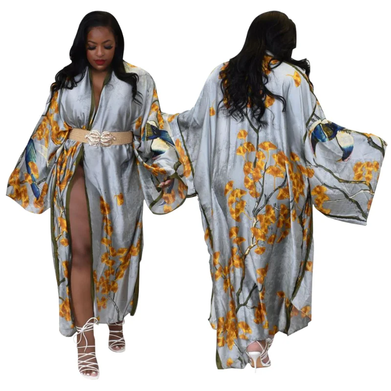 

2023 Fashion Style Lady Sexy Costumes Japanese Kimono Dress Cardigan Pajamas Sleepwear Woman Smooth Bathing Robe Gown No Belt