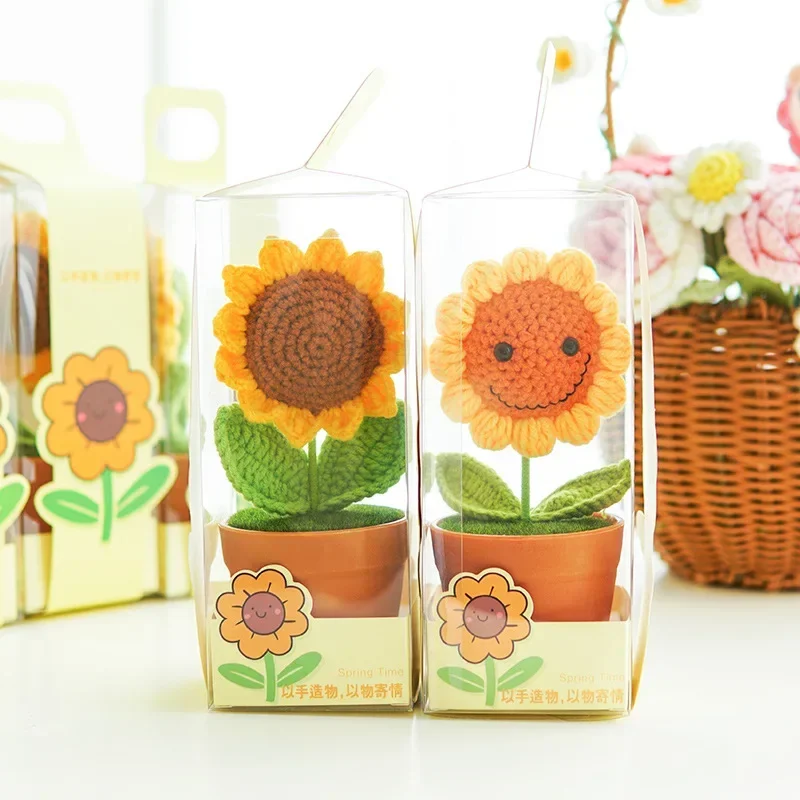 Праздничный подарок: вязаные горшечные растения ручной работы с подсолнечниками