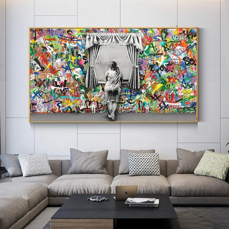 

Graffiti Street Woman Looking Out Window Pop Art Canvas Painting Wall Art Posters and Prints Picture Home Decor
