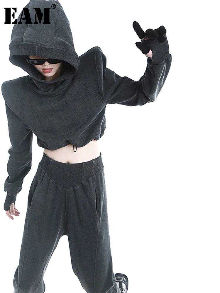 

[EAM] Loose Fit Gray Shaped Short Sweatshirt New Hooded Long Sleeve Women Big Size Fashion Tide Spring Autumn 2022 1DE4353