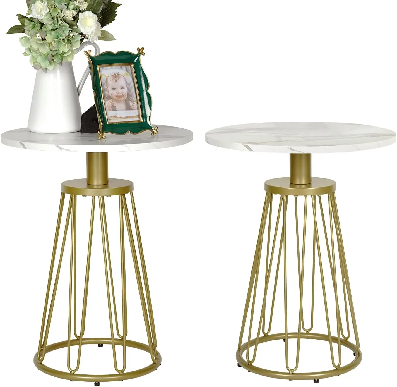 

Round Side Table Set of 2 with Brass Gold Metal Frame, Nightstand/Small End Tables, MDF Table Top with White Marble Texture for