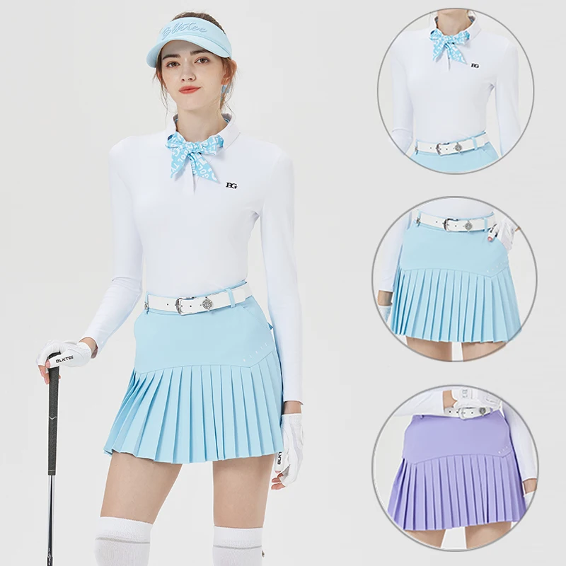 

Blktee женская рубашка для гольфа с длинным рукавом, тонкие повседневные топы с бантом, Женская облегающая плиссированная юбка, дышащий костюм для гольфа с высокой талией