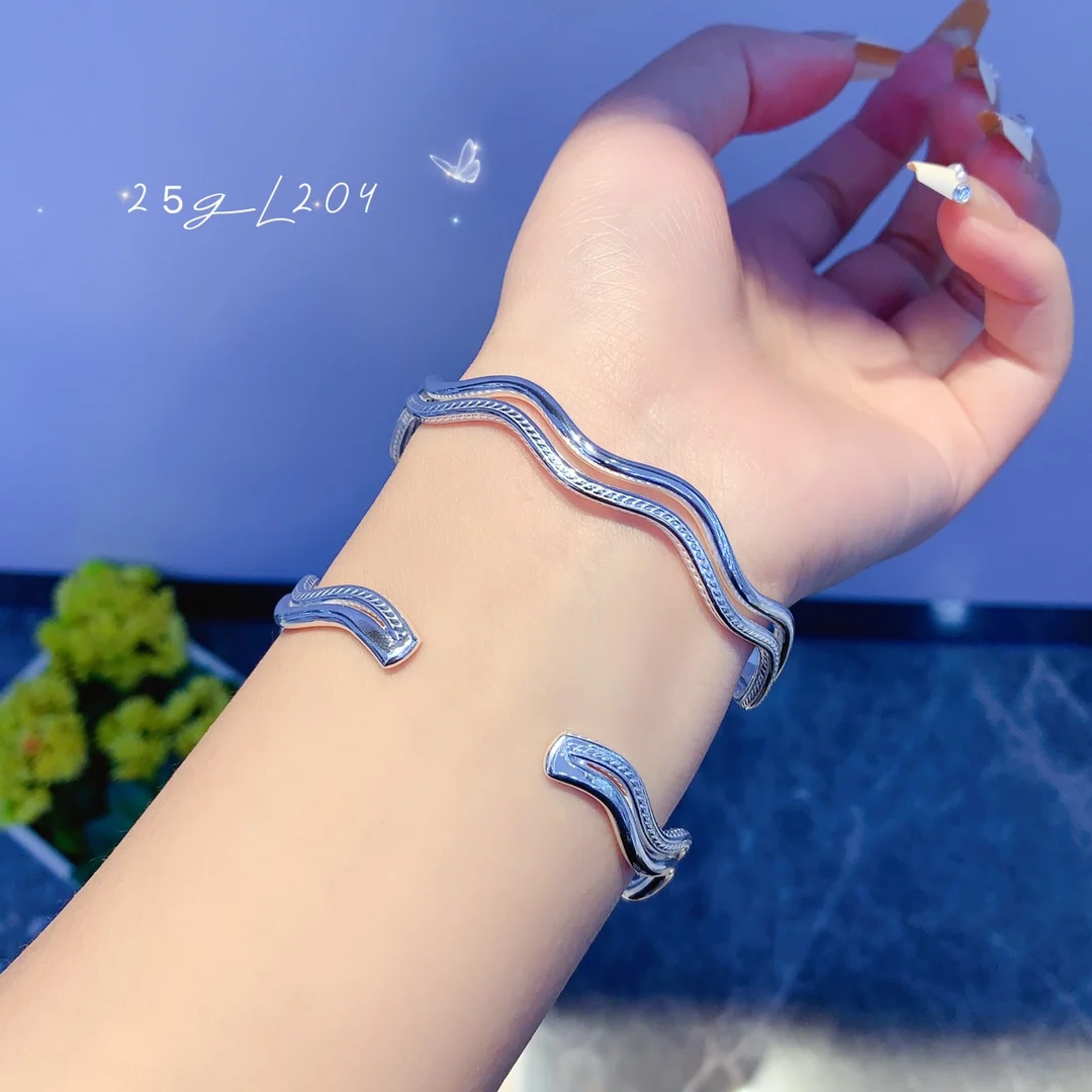 

Sterling 999 Silver Bracelet for Women Fashion Sea Wave and Snake Head Opened Band Fine Jewelry Perfect Gift for Birthday