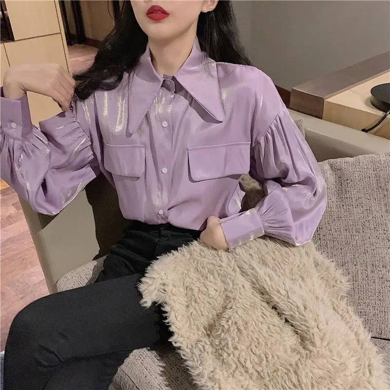 

Women 2023 New Fashion Vintage Blouse Autumn Long Sleeve Shirt Feamle Loose Casual Tops Solid Lady Elegant Blusas All Match A13