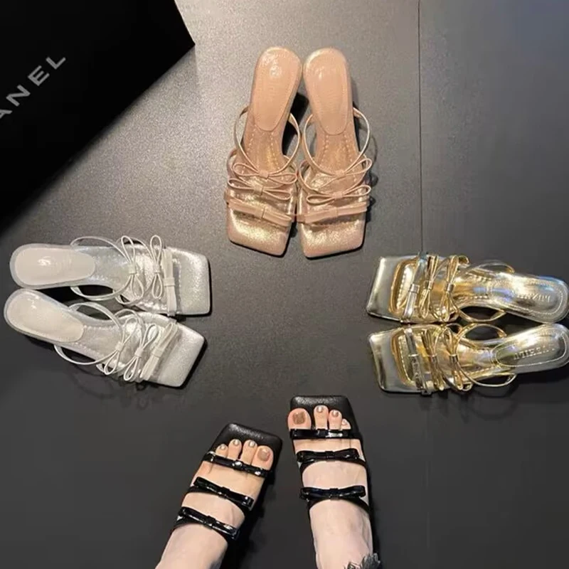 

2023 Модные женские тапочки на среднем каблуке, туфли-лодочки с бантом, летние брендовые туфли-лодочки, женские туфли с открытым носком