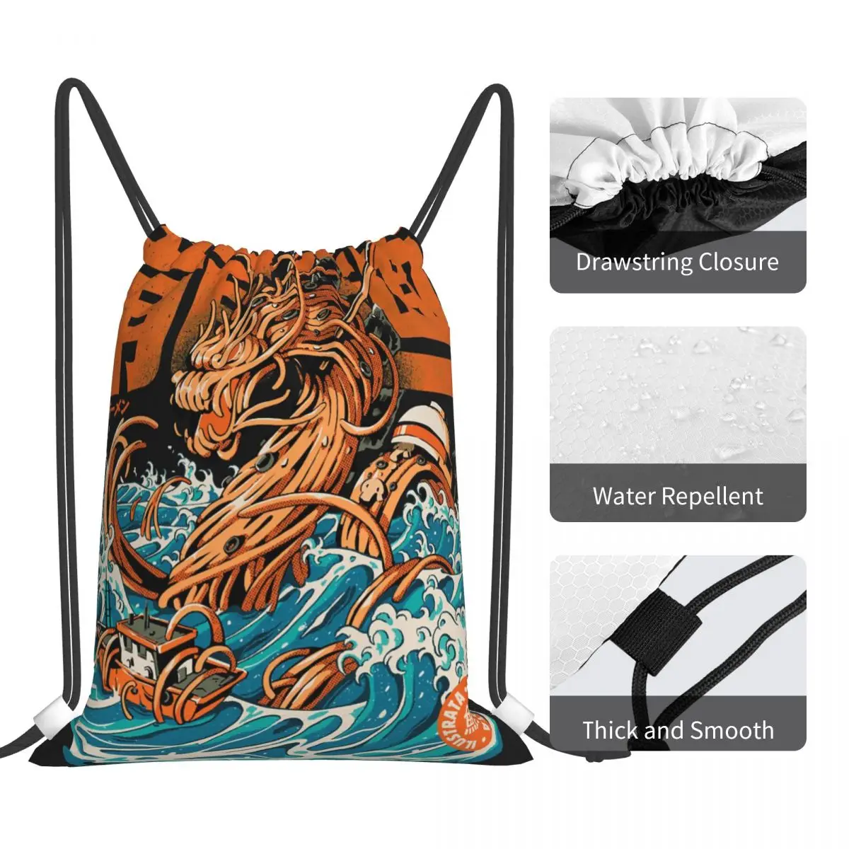 Черный великий рюкзак с куриным раменом Дракон из Канагава