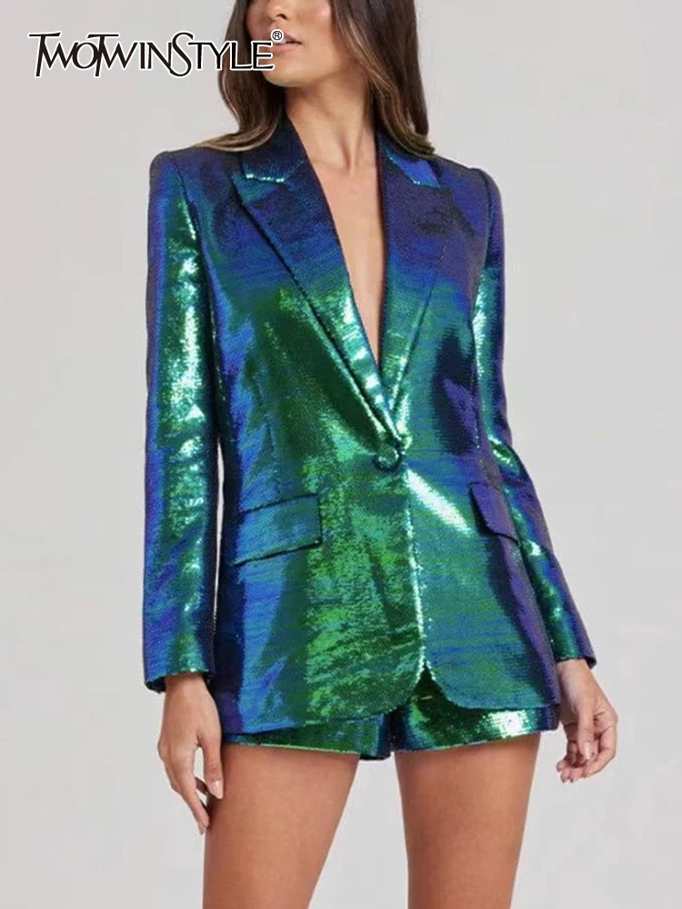

Женский Повседневный костюм TWOTWINSTYLE, комплект из двух предметов, блейзер с отложным воротником и длинными рукавами, шорты с высокой талией, 2019