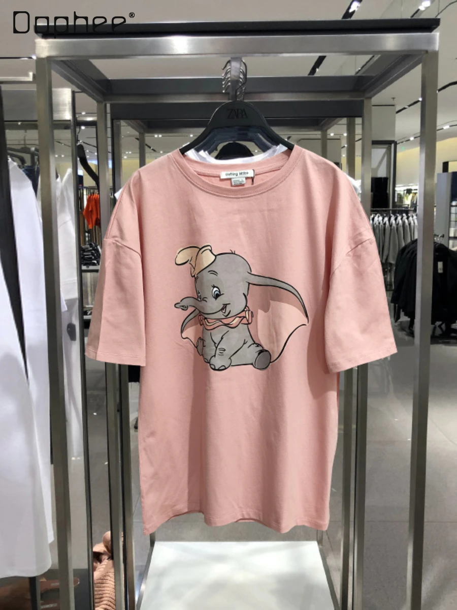 

Sweet Pink T-shirt Female Summer New Cartoon Elephant Printed Round Neck Short Sleeve Tshirt Top Casual Women's Fashion Clothes