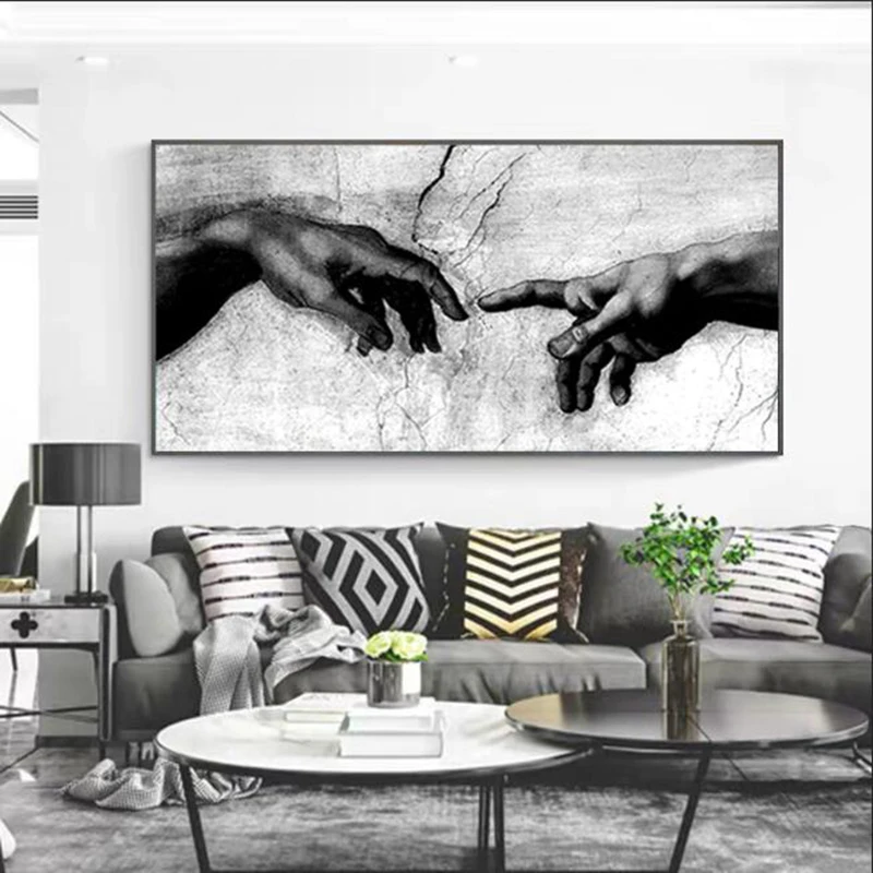 Рукой Божьей создание Адам черно-белая картина на холсте плакаты печати настенное искусство фотографии для гостиной домашнего декора на.