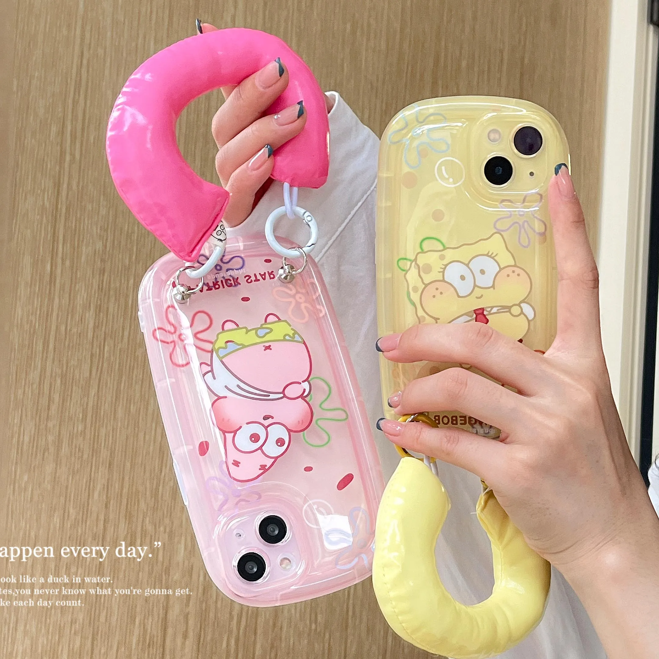 

Cartoon Yellow Pink Wrist Band Case iPhone 14 13 12 11 Plus Pro Max X XS XR Soft Wristband Holder Creative Cute iPhone14 Cover