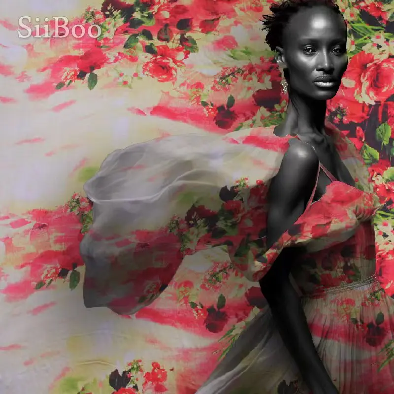 

100% natural silk chiffon fabric for women dress positional flora pattern print soft romantic holiday style sp6633