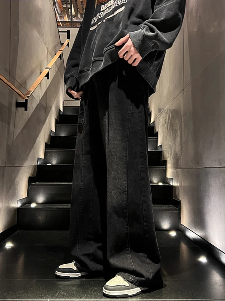 American New Men's Black Jeans In Autumn and Winter High Street Loose Straight Leisure Wide -leg Pants Fashion Street Clothing