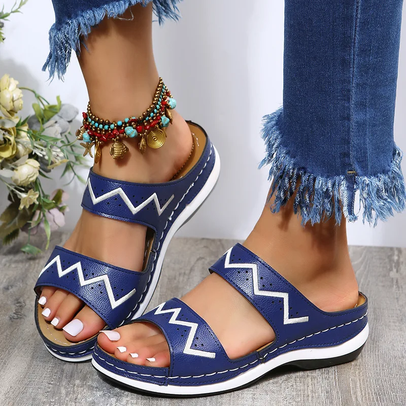 Women Slippers Retro Summer Shoes Wedge Women Sandals 2023 Simple Embroidery Platform Beach Slippers Open Toe Slip on Sandalias