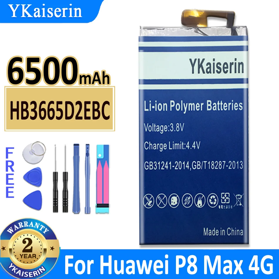 YKaiserin 6500mAh HB3665D2EBC Battery For Huawei Ascend P8 Max P8Max 4G W0E13 T20 Batteries + Free Tools
