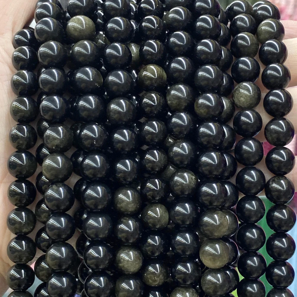 

4-12mm Natural Stone Beads Gold Plated Obsidian Round Loose Spacer Beads for Jewelry Making DIY Bracelet Handmade Accessories