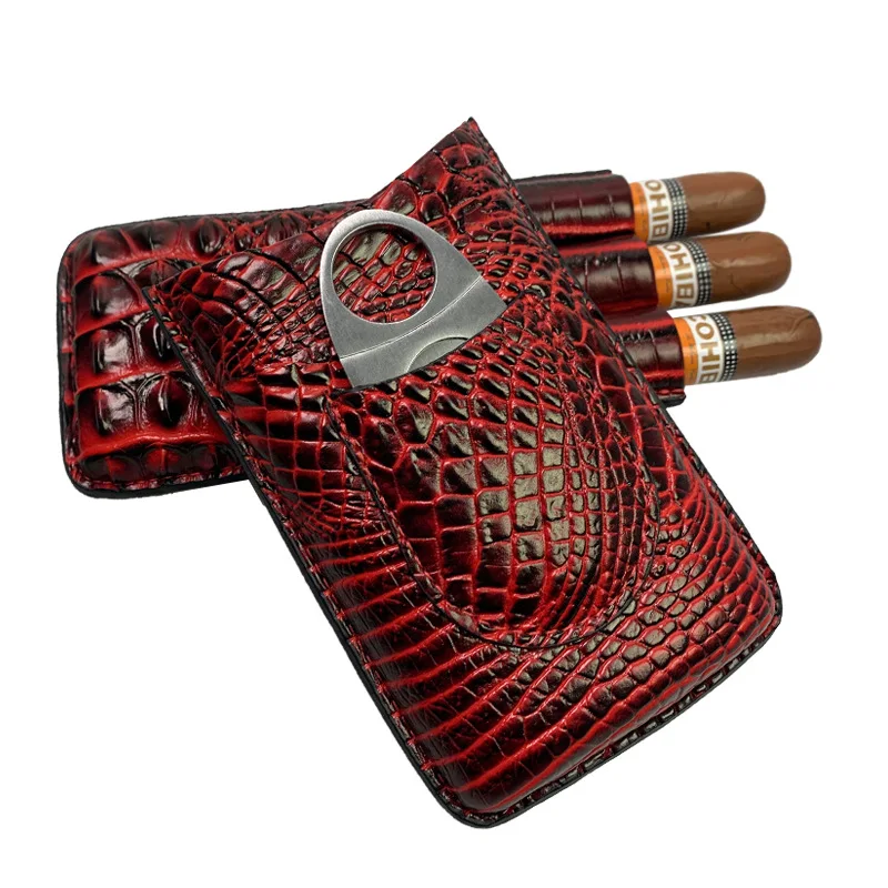 

Portable Leather Cigar Case 3 Tube Holder Humidor Cigars Accessories with Cigar Cutter Gift