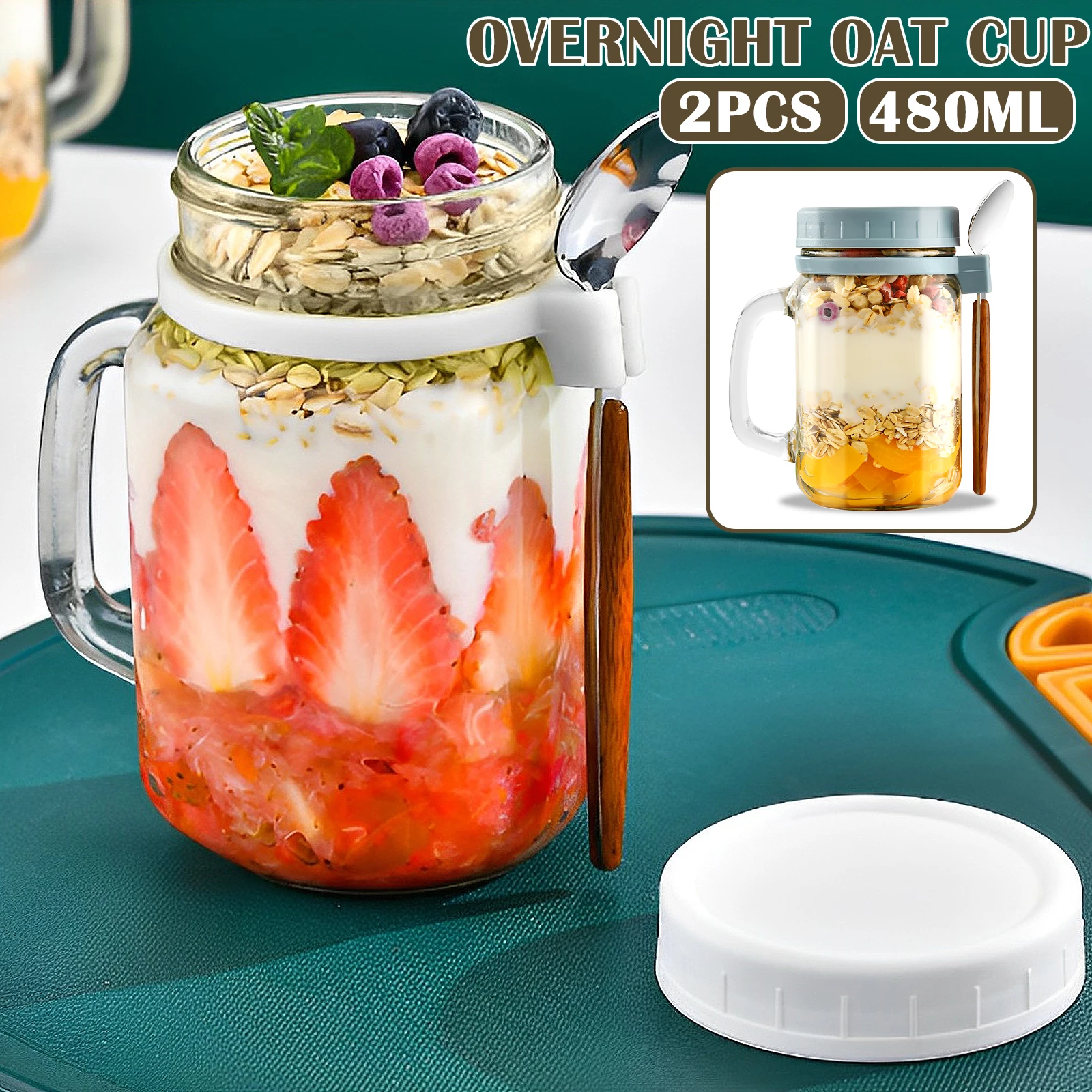 

2Pcs 16oz Overnight Oats Container Airtight Glass Oatmeal Jars with Lid and Spoon Portable Overnight Oatmeal Cup Reusable Wide
