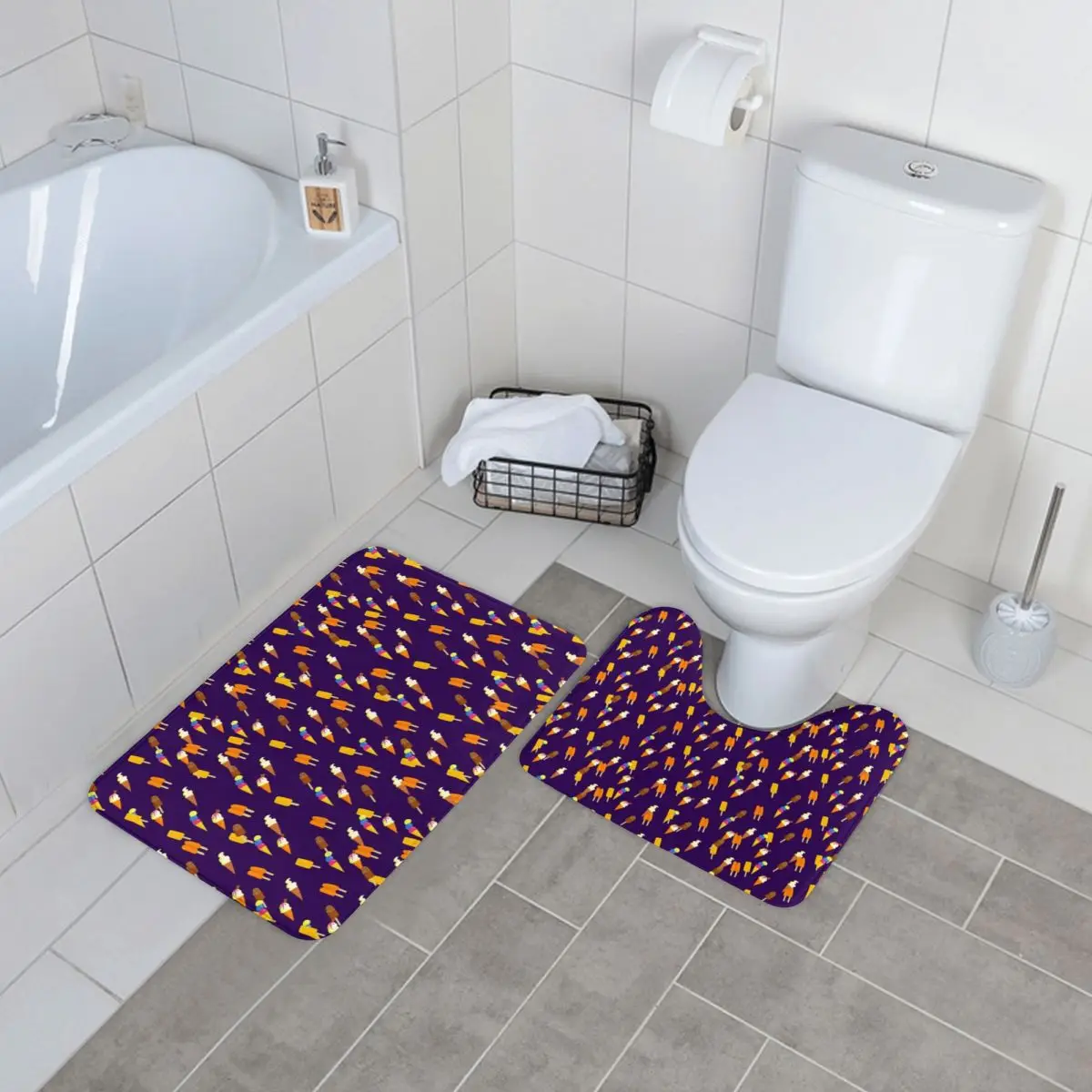 

Ice Cream Design Bath Mat Fun Cartoon Pattern 2pcs Absorbent Vintage Bathroom Mat Set Polyester Bathtub Bathroom Rug