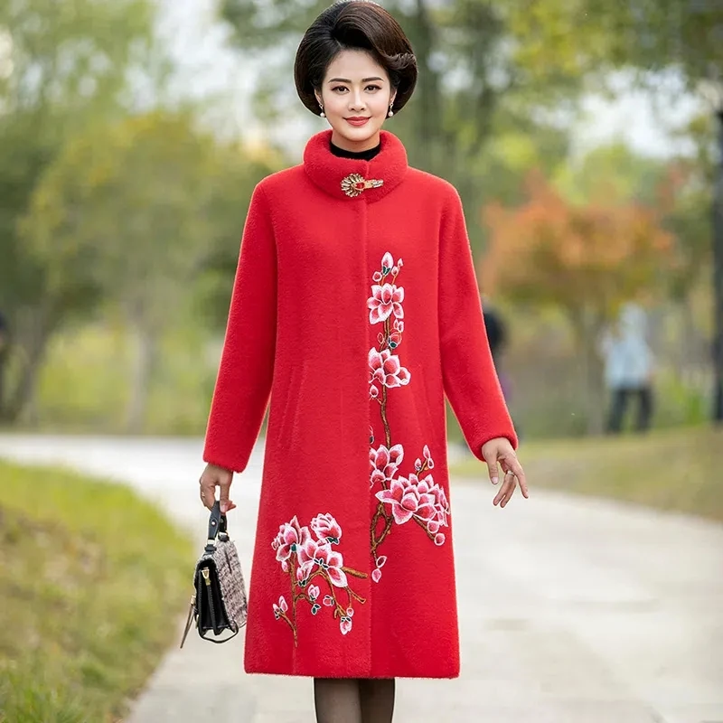 Mom Winter Women Imitation Mink Velvet Embroidered Coat Long Middle-aged Cashmere Woolen Coat Thick Top Overcoat