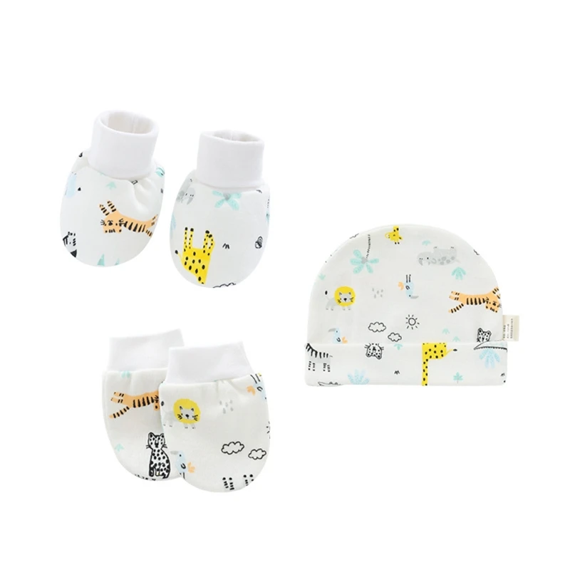 

Happyy baby 3 Pcs/Set Cartoon Printed Spring Autumn Summer Breathable Baby Anti Scratching Soft Cotton Gloves Hat Foot Cover Set