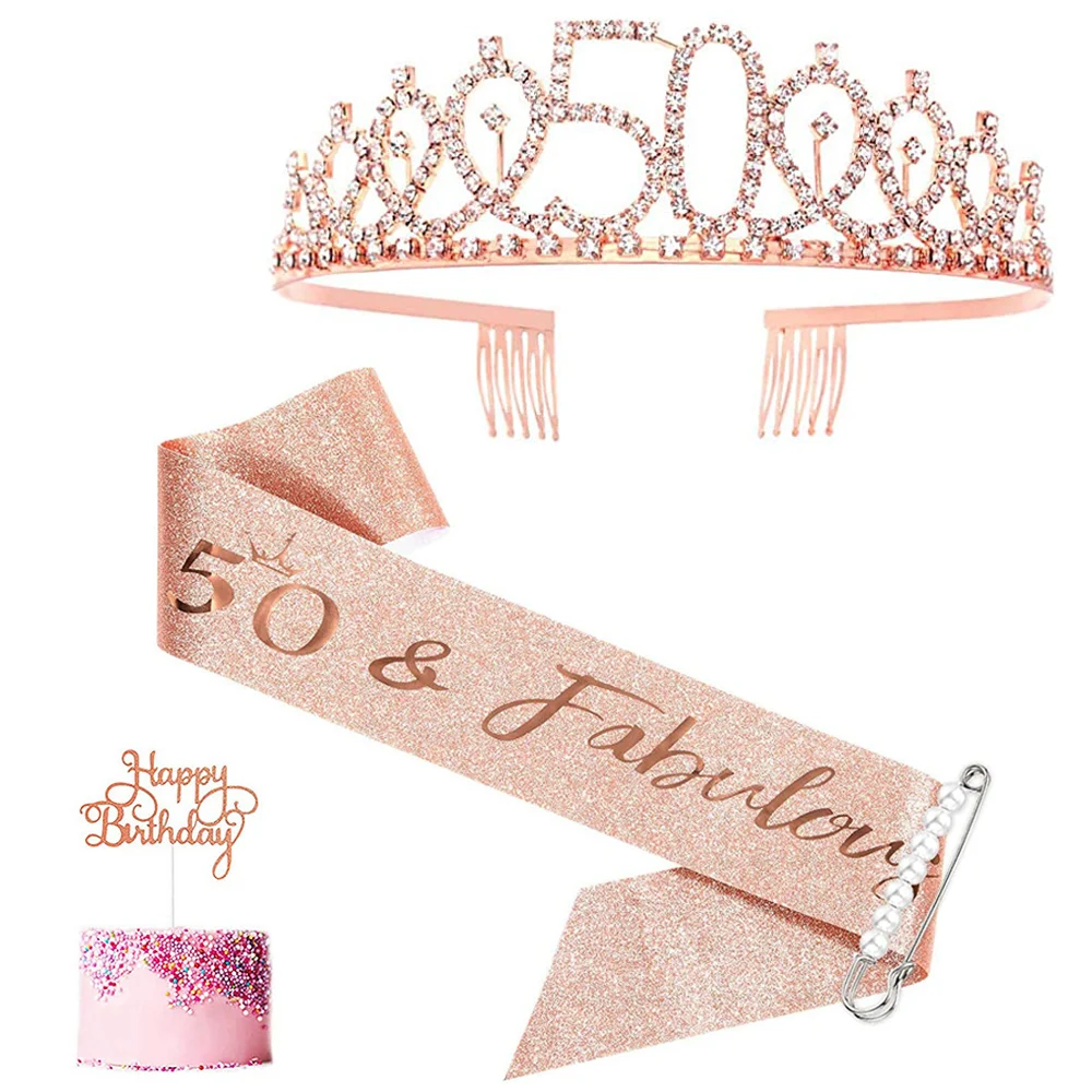 

Rose Gold 50 and Fabulous Birthday Sash Tiara Crown Headband Set for Women Lady Happy 40th Birthday Party Decoration Favor Gifts