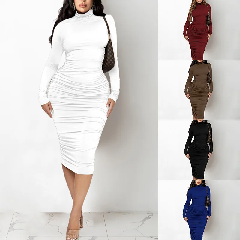 

Women's Autumn New Sexy Slim High Neck Long Sleeve Hip Wrap Style Celebrity Dress