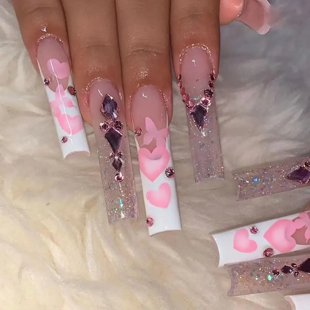

Nail Tips Fake Nials Love Heart Butterfly Shining Diamond False Nails French LongBallerina