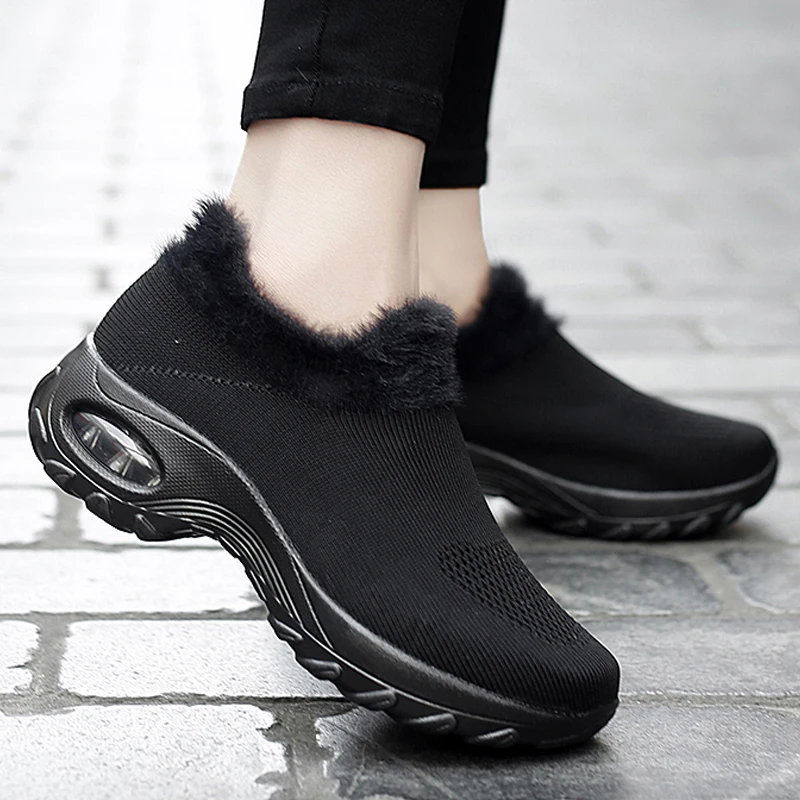 

Зимние кроссовки, ботинки на платформе, плюшевые теплые прогулочные ботинки, сетчатая обувь, женская обувь на танкетке, большой размер 42