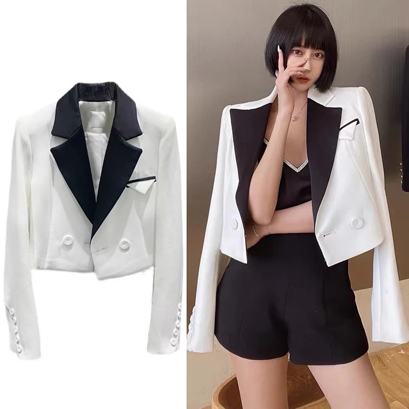 

Women England style Navel Exposed Short Blazer Feminino Femme Spring Autumn White Casual High Street Jacket Tops Lady y2k