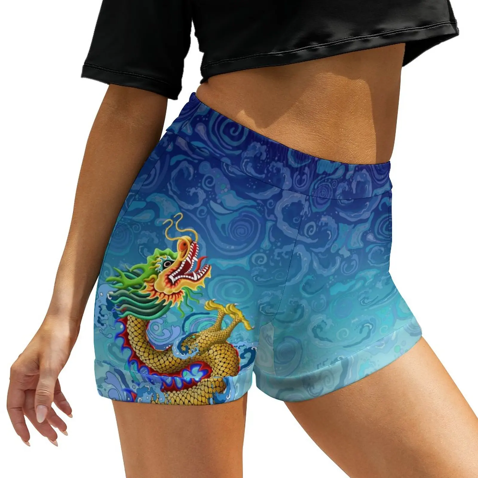 Gold Dragon Shorts Swirling Water Print Oversized Casual Shorts Vintage Short Pants Ladies Graphic Bottoms