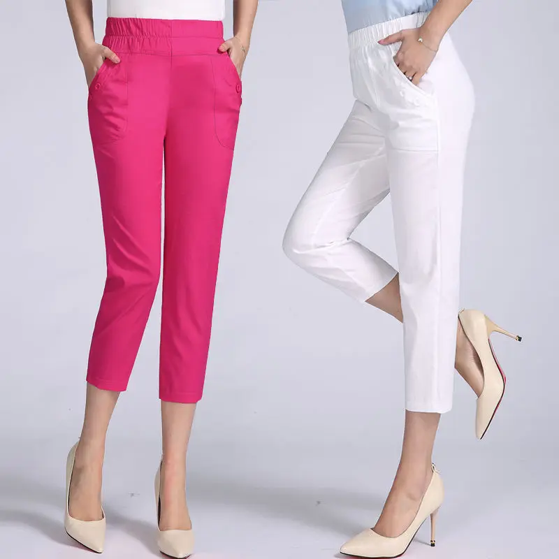 

2022 New Summer Casual Cotton Calf-Length Pants Women Oversized Pants Female Fashion Elastic High Waist Straight Trousers C36