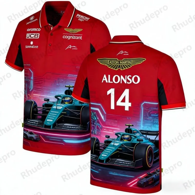 Фото Футболка-поло Aston Martin Team Alonso 14 F1 Racing: дышащая повседневная спортивная рубашка для фанатов, для ежедневной носки №1