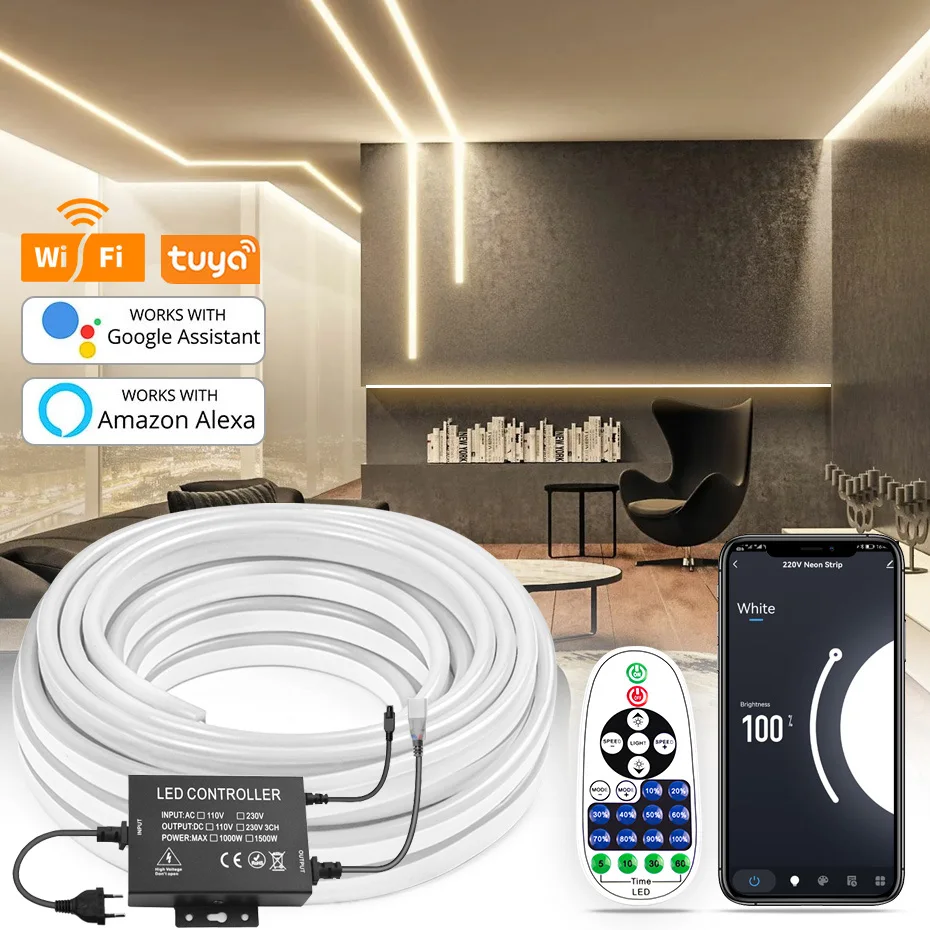 

1M-100M Soft Flexible 220V Led Neon Light 2835 SMD 120Leds/M Waterproof LED Strips Tape WiFi/Bluetooth/Remote Control Outdoor