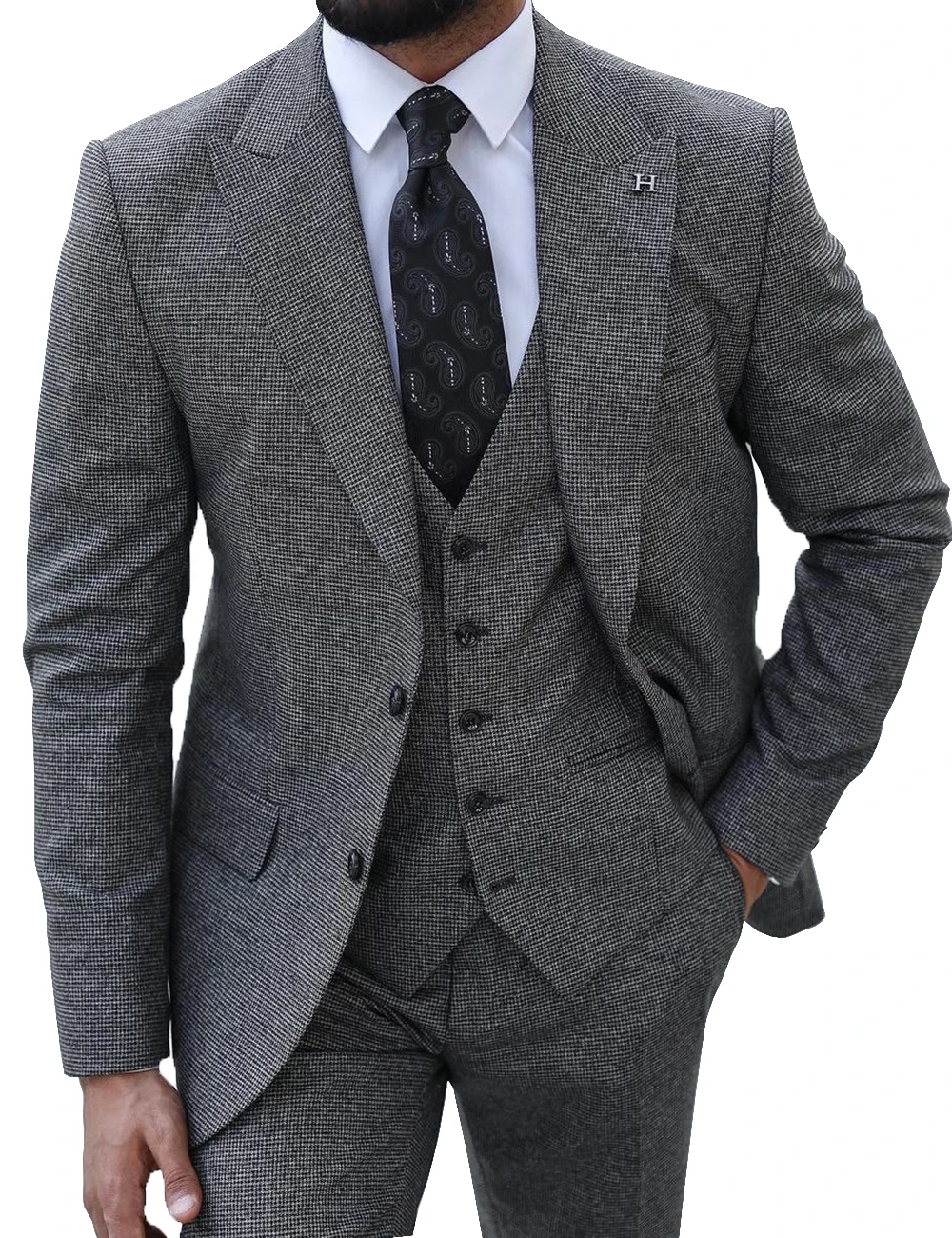 

Мужской твидовый костюм в елочку, костюм из 3 предметов для жениха с пиковым отворотом, двумя пуговицами, свадебные смокинги, блейзер + жилет + брюки, 2023