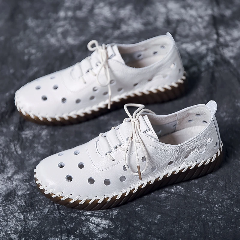 

Shoes Women 2022 Vintage Leather Low Heels Casual Shoes Woman Outdoor Lace Up Non Slip Loafers