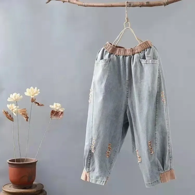 

2021 New Arrival Summer Arts Style Women Loose Casual Elastic Waist Calf-length Pants Cotton Denim Patchwork Harem Pants W438