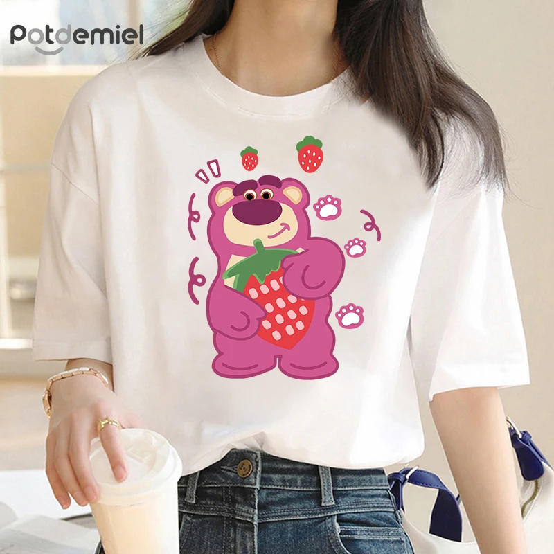 

Potdemiel клубничный медведь Kawaii Мультфильм лотсо Печать Хлопок Женская с коротким рукавом летняя свободная длинная Ins стиль женская футболка