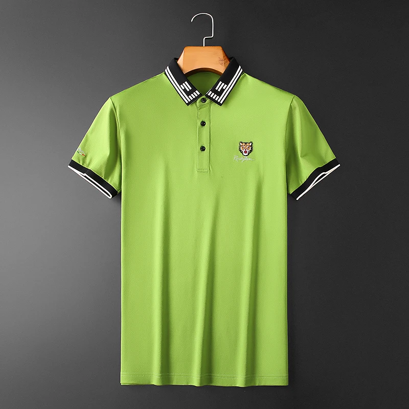 

New Green 2022 Men Luxury Tiger Embroidered Striped Fashion Polo Shirts Shirt Hip Hop Skateboard Cotton Polos Top Tee #T24