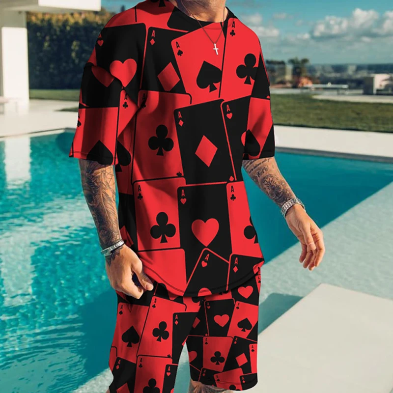 

New Summer Men's Casual Clothing Men's T-shirts + Shorts Sports Sets Fashion Trends Personality Poker T-Shirt Short Pants Set