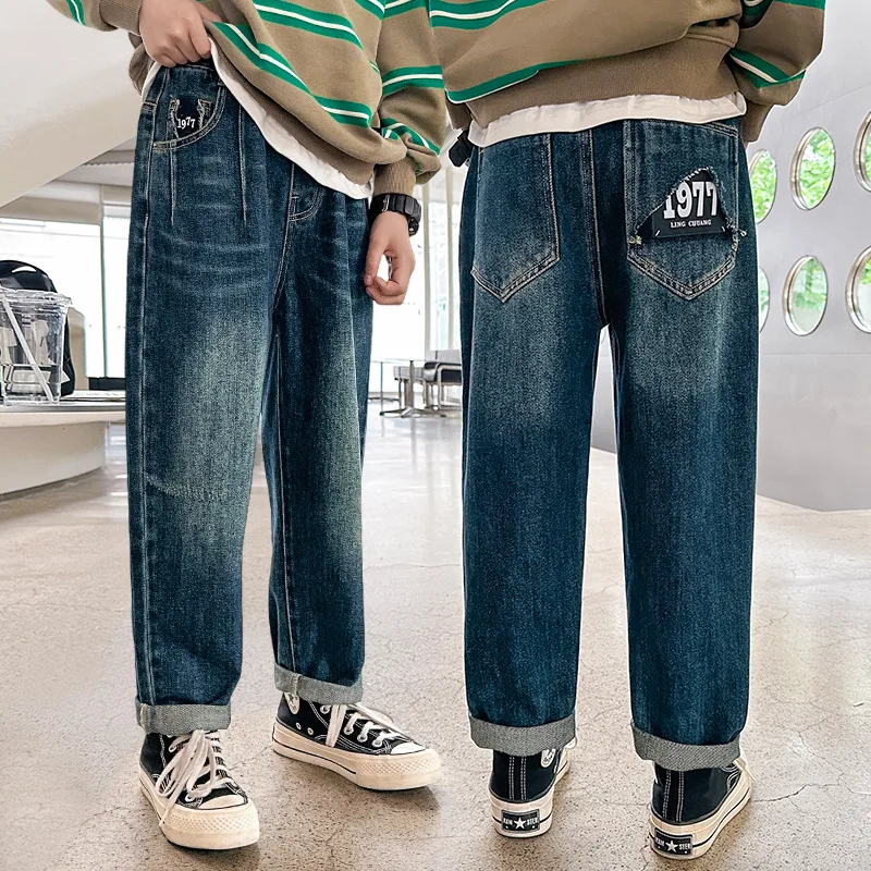 Джинсы для подростков однотонные мешковатые брюки из денима с эластичным поясом