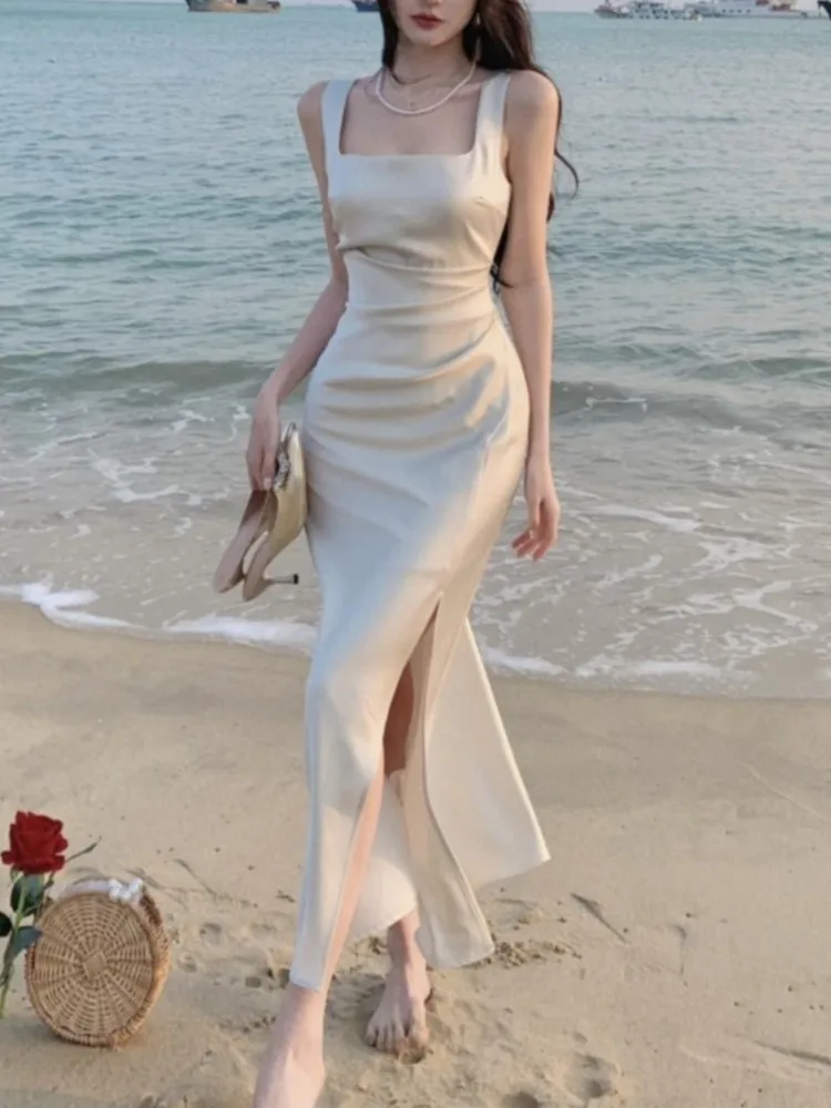 

Sexy Stain White Women Slim Eve Club Dress Summer New Spaghetti Strap Lady Slip Outfits Fashion Square Collar Fiesta Robe