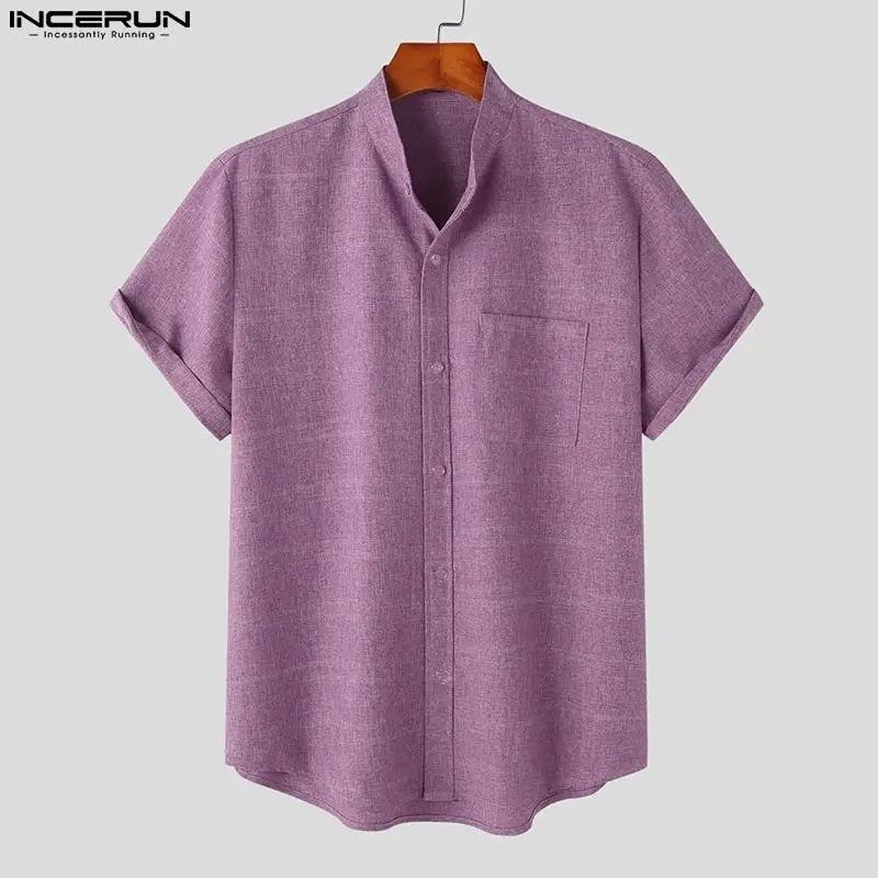 

Casual Hot Sale Tops INCERUN Men Retro Standing Collar Two-color Short-sleeved Shirts Stylish Male All-match Simple Blouse S-5XL