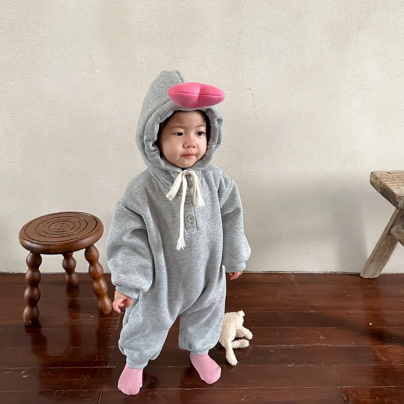 

Clothes for Babies Fleece-Lined Jumpsuit Winter Baby Thickened Casual Hooded Pullover Autumn and Winter Children's Clothing