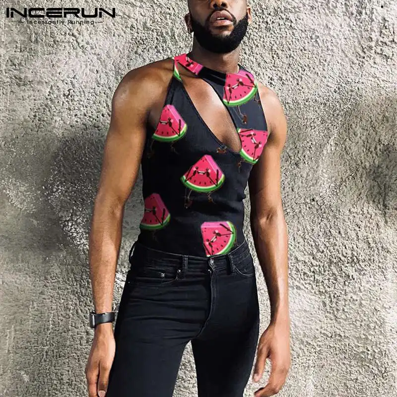 

INCERUN Tops 2023 New Men's Vests Sexy Leisure Style Waistcoat Fashion Casual Male Hollowed Out Printing Fruits Tank Tops S-5XL